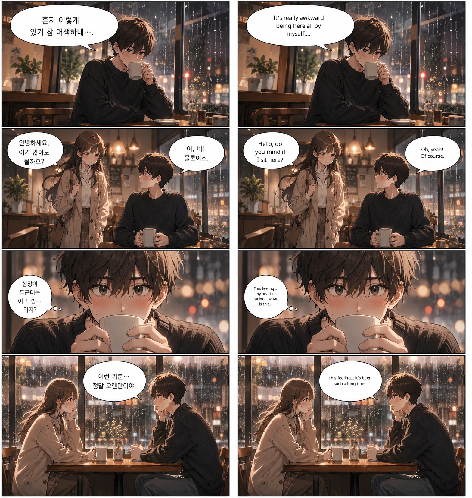 Side-by-side before and after: a vertical-scroll Korean webtoon translated into English, with the original art, panel flow and full color preserved